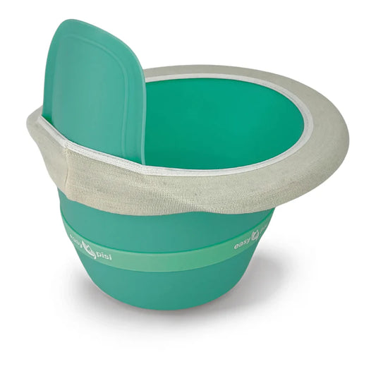 Der Easy Pisi Easypisi - Stoffüberzug für Windelfreitöpfchen ist ein tealfarbenes Töpfchen für Kleinkinder mit einem Spritzschutz und einem weichen, hellgrauen Öko-Tex Standard Stoffrand.