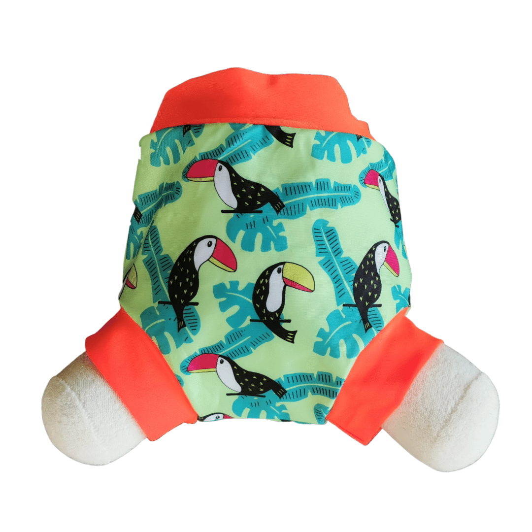 Eine Lumina Schwimmwindel Pull Up Hundepuppe trägt ein grünes Hemd mit Tukan- und Blattmotiven sowie leuchtend orangefarbenem Kragen und Ärmeln und bietet bequemen Sitz - genau wie der Pull Up - vor einem weißen Hintergrund.