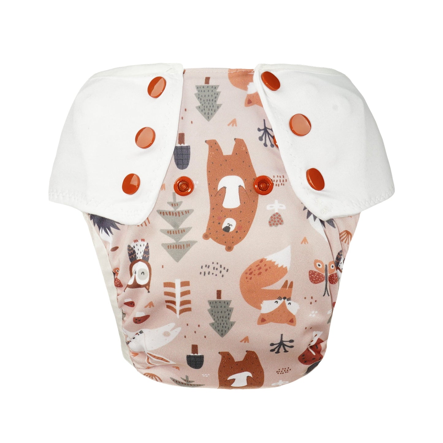 Die Lumina Pull-me-Up All in One Windel One-Size aus GOTS-zertifizierter Bio-Baumwolle überzeugt mit Waldtier-Design auf beigem Grund, weißen Flügeln und orangen Druckknöpfen sowie hohem Saugvolumen.