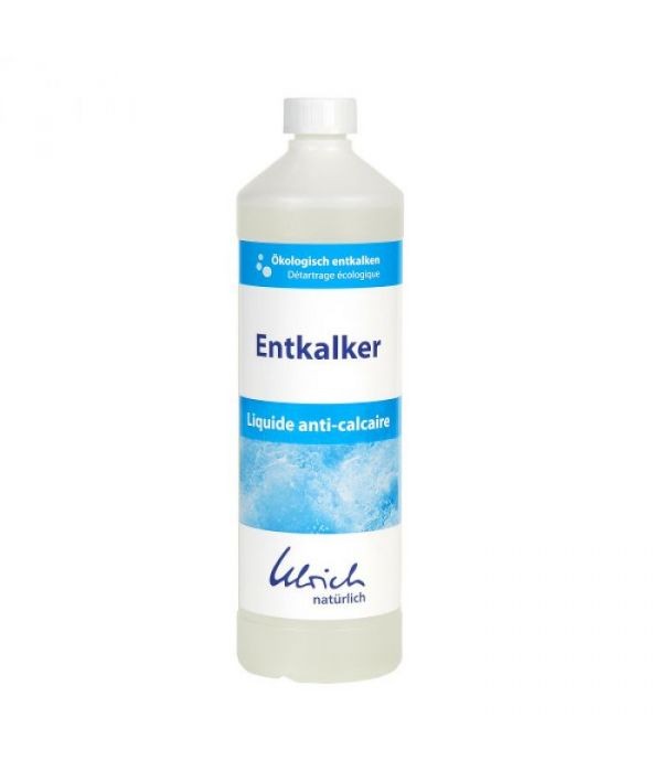 Eine weiße Kunststoffflasche mit der Aufschrift Ulrich Natürlich Entkalker 1 Liter von Dr. Ulrich, blauem Design und weißem Verschluss enthält ökologische Entkalkerflüssigkeit.
