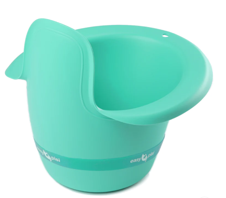Der Easy Pisi Easypisi - Anti-Rutsch Silikonband ist ein türkisfarbener Kunststoff-Babysitz mit hoher Rückenlehne, geschwungenen Seiten und breiter Basis - ideal als Abhaltetöpfchen oder Windelfreitöpfchen zum sanften Töpfchenlernen. Marke in der Nähe der Basis gedruckt.