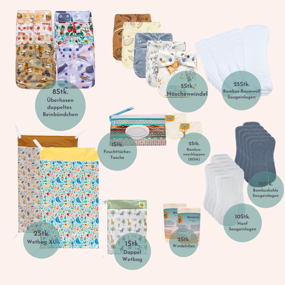 Vororder Komplettwickelset Stoffwindeln One-Size m. doppelten Beinbündchen