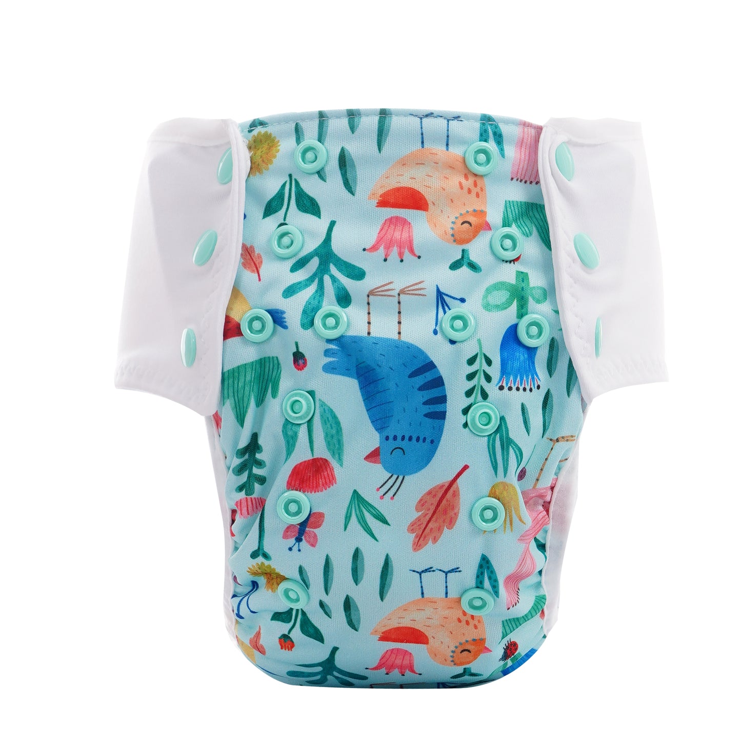 Der Lumina Pull-me-Up All in One Windel One-Size hat weiße Seitenlaschen und einen farbenfrohen Naturdruck mit Vögeln, Blättern und Pflanzen auf hellblauem Grund, gefertigt aus GOTS-zertifizierter Bio-Baumwolle.