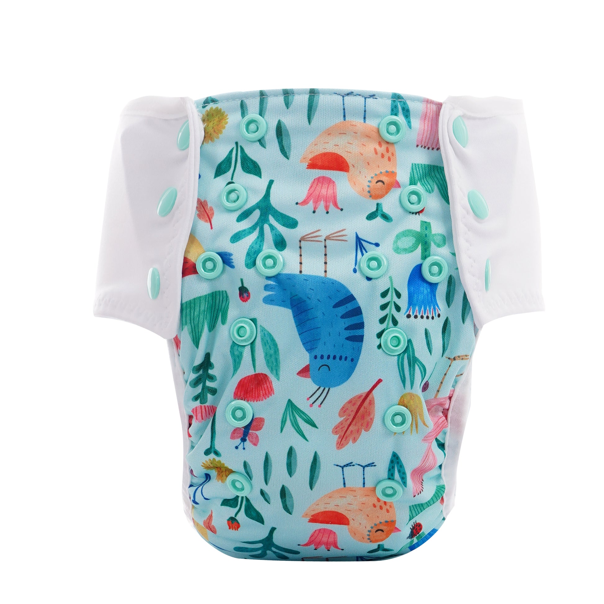 Der Lumina Pull-me-Up All in One Windel One-Size hat weiße Seitenlaschen und einen farbenfrohen Naturdruck mit Vögeln, Blättern und Pflanzen auf hellblauem Grund, gefertigt aus GOTS-zertifizierter Bio-Baumwolle.