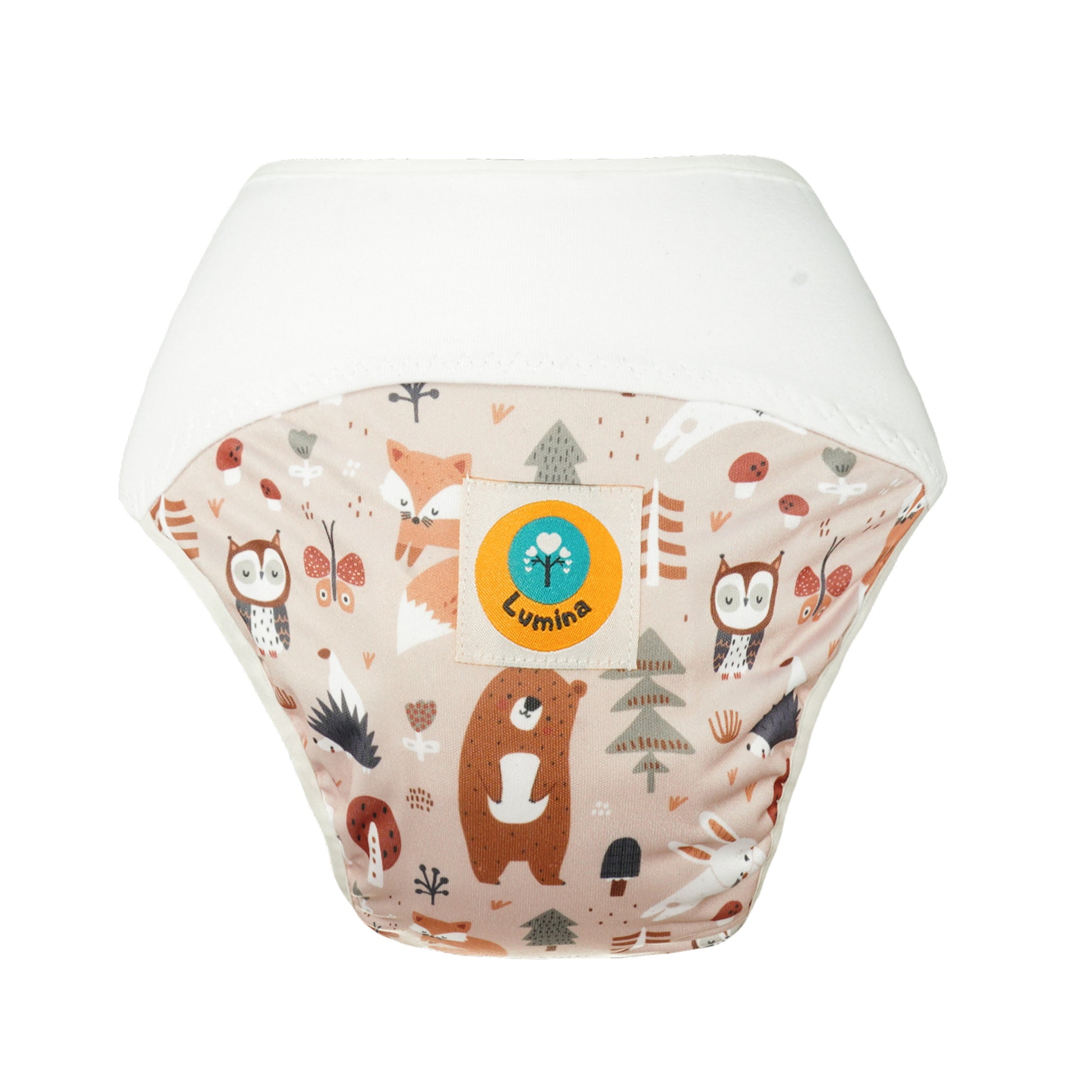 Der Lumina Pull-me-Up All in One Windel One-Size hat einen Waldtier-Print mit Eulen, Bären und Füchsen, GOTS-zertifizierte Bio-Baumwolle, einen weißen Bund und ein gelbes Lumina-Logo mit Baum auf der Vorderseite.