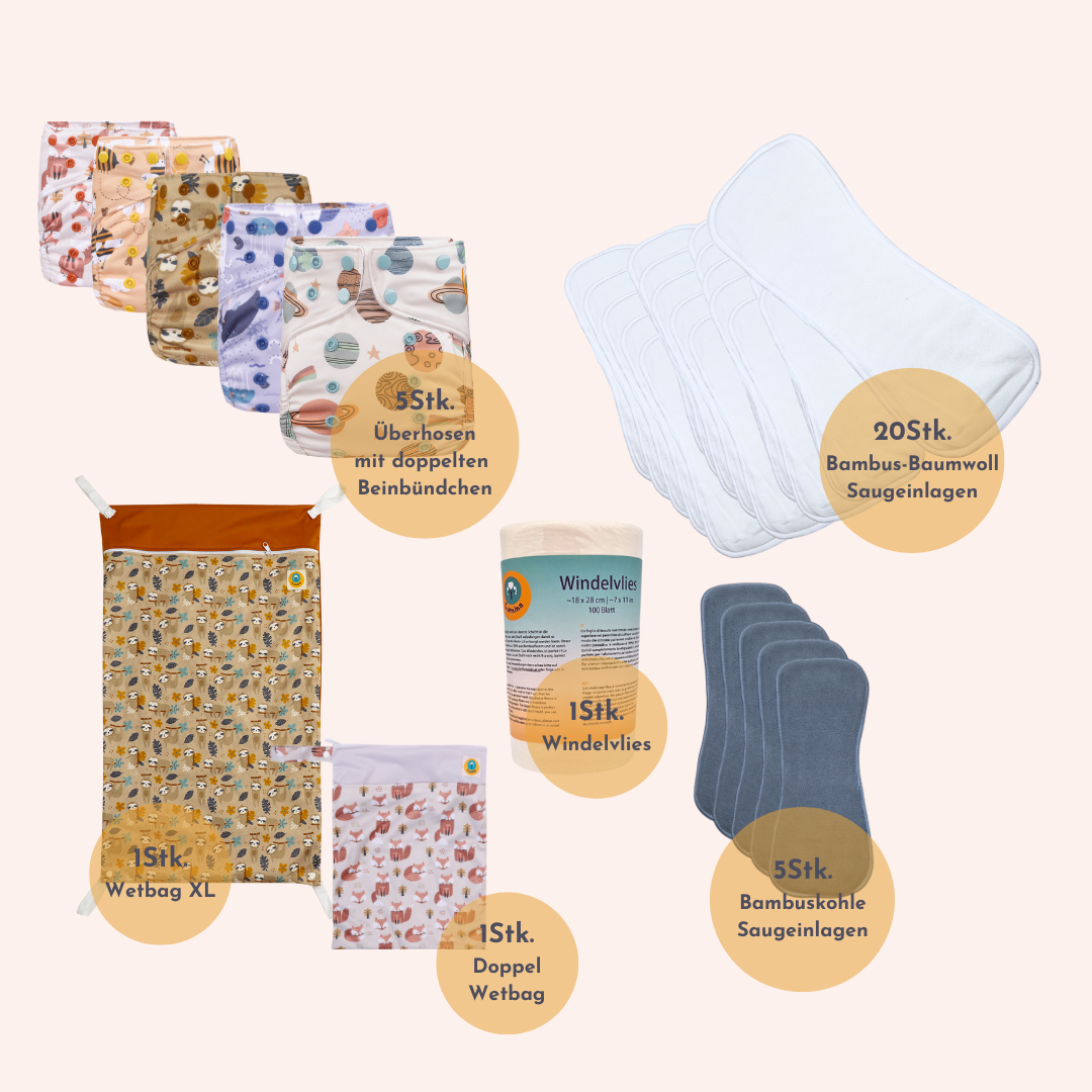 Startpaket Stoffwindeln One-Size m. doppelten Beinbündchen