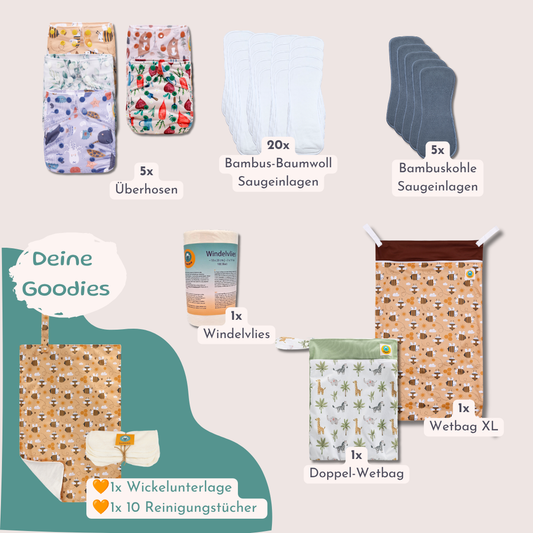 Startpaket Stoffwindeln One-Size mit doppelten Beinbündchen