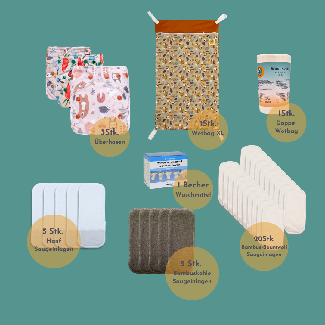 Ein tealfarbener Hintergrund zeigt Luminas Testpaket Newborn-Stoffwindeln aus recyceltem Material - mit 3 bedruckten Bezügen, Nässesäcken, Hanf- und Holzkohle-Bambuseinlagen, Bambus-Baumwoll-Saugeinlagen, Waschmittel; ideal zum Ausprobieren oder Mieten von Stoffwindeln.