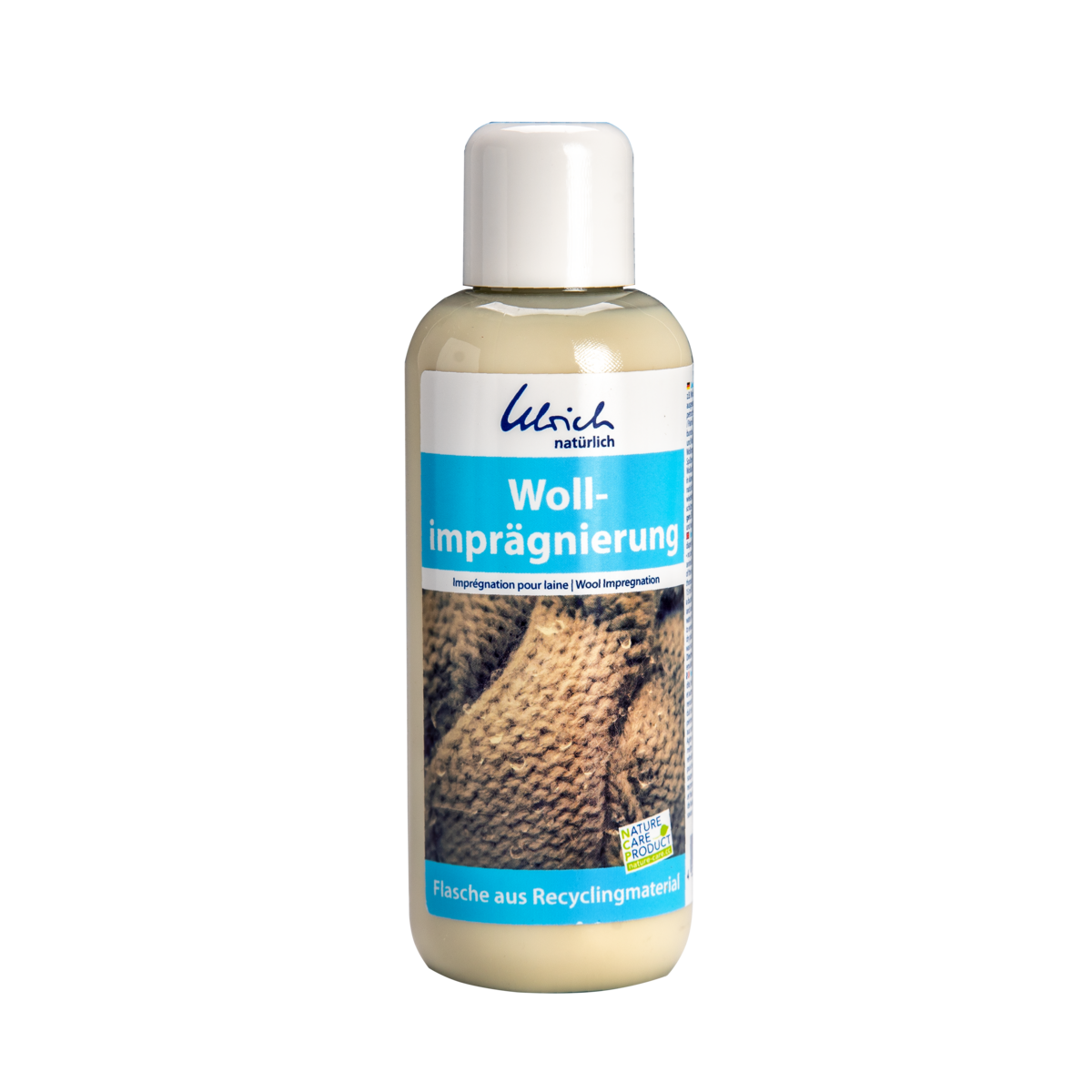 Eine 250ml Flasche Dr. Ulrich Ulrich natürlich Wollimprägnierung mit weißem Verschluss und blau akzentuiertem Etikett, ideal für Schurwollprodukte und Wollwindeln, hergestellt aus recyceltem Material.
